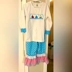 Frozen Smocked Pant Suit Blue Pants With Colored Ruffles Size 5 Girls